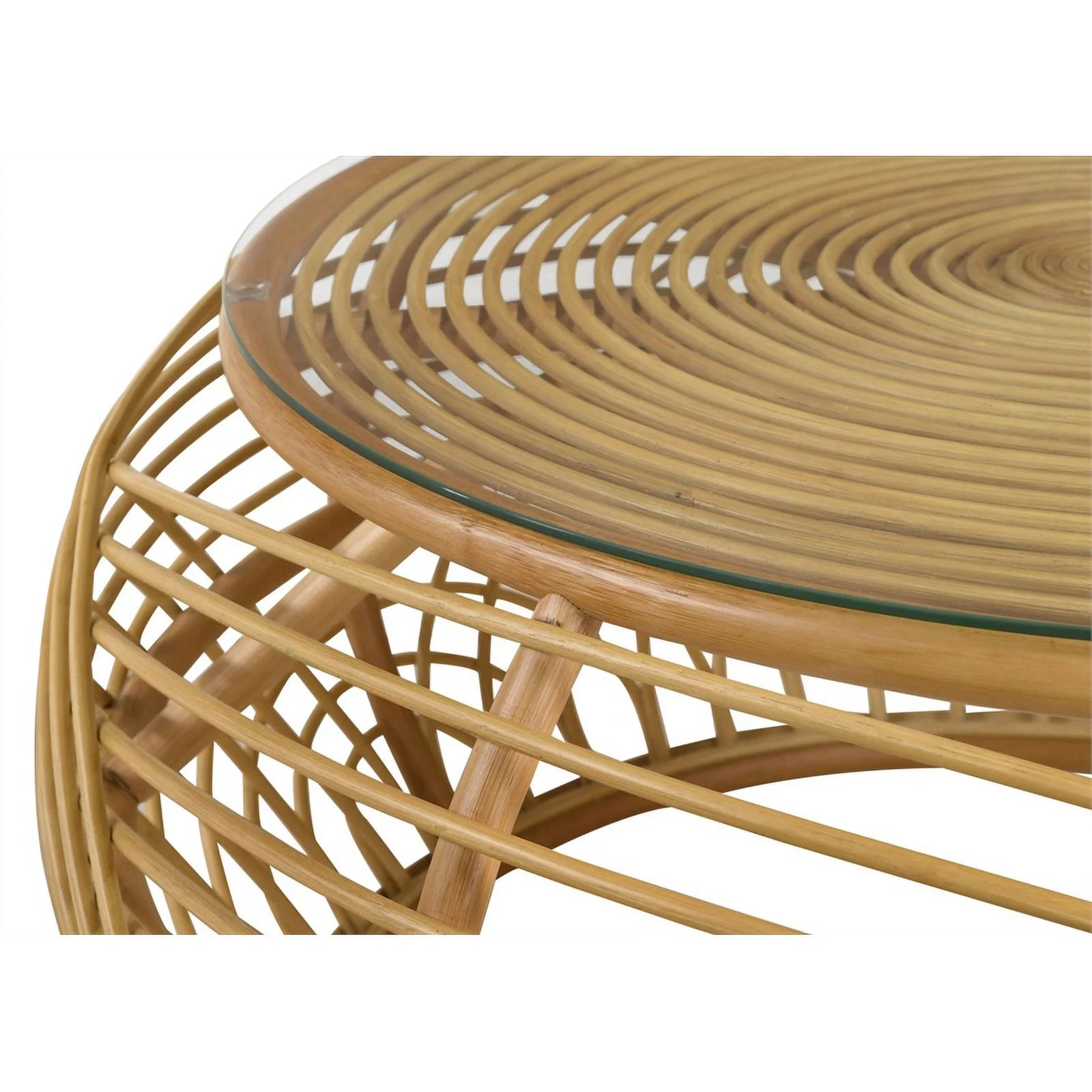 Dahlia Round Glass Top Woven Rattan Coffee Table Natural Brown