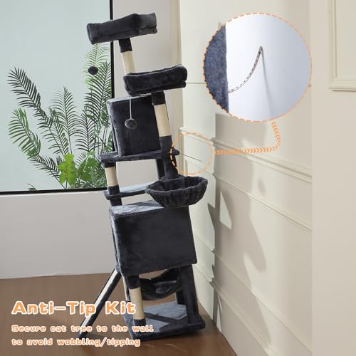 Cat Tree, 70-Inch Cat Tree Tower with Hammock, Scratching Post, Condo and Multi-Level Cat Tower, Large Cat Activity Center Playhouse, Light Gray LCT015