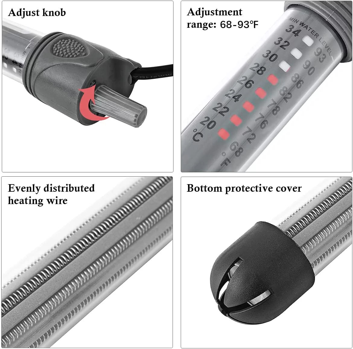 HITOP 25W 50W 100W 200W 300W Adjustable Aquarium Heater, Submersible Fish Tank Heater Thermostat with Suction Cups (100W-grey)