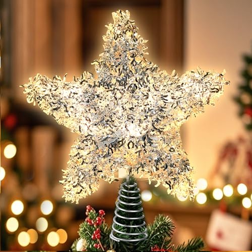 Christmas Tree Topper Star,Rattan Christmas Tree Topper with 50 LED Light,10 Inch Warm White Light Rustic Star for Christmas Tree Decoration Holiday Farmhouse Decor Battery & USB Powered