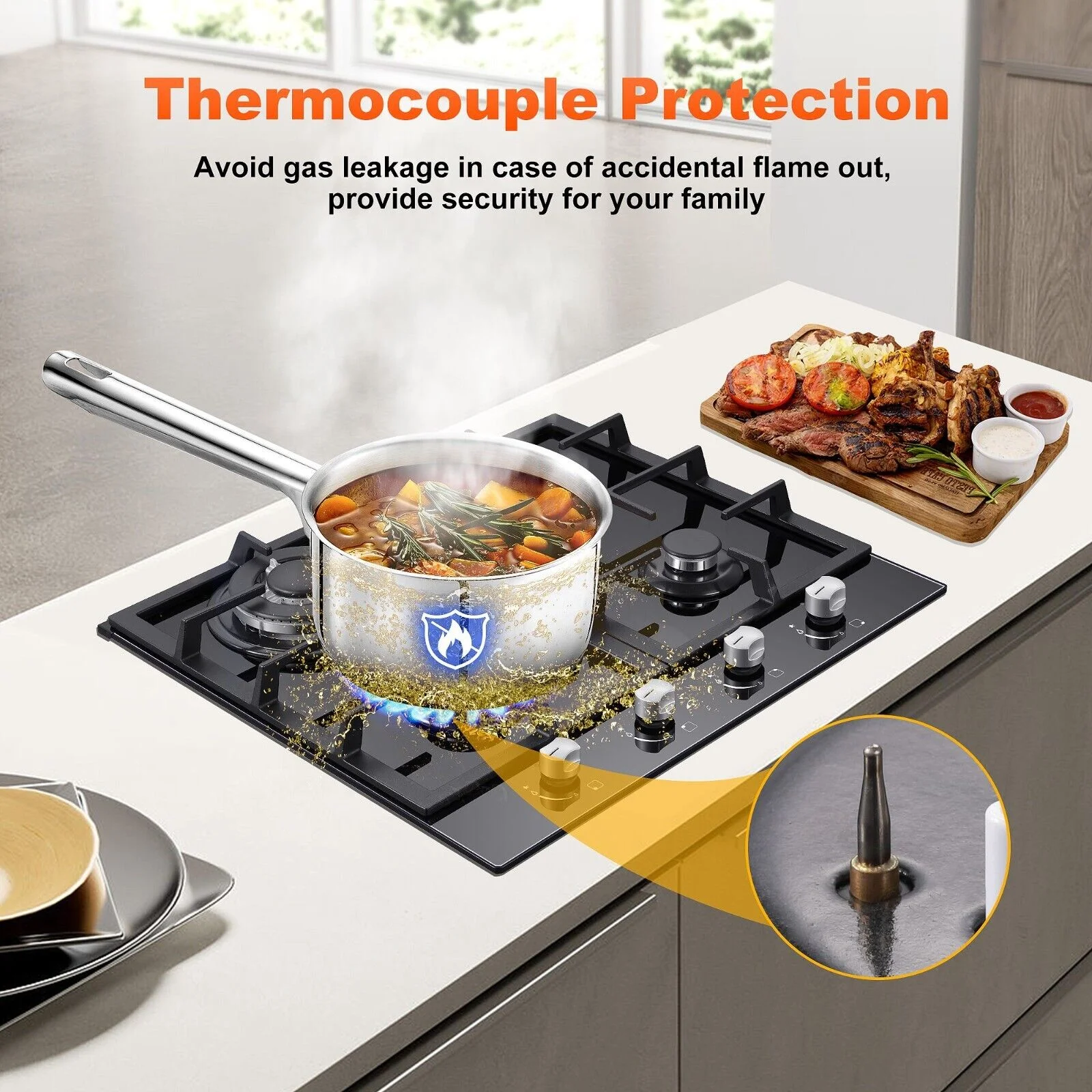 24 inch Built-in Gas Cooktop 4 Burners with Tempered Glass Dual Burners NG/LPG Convertible Countertop