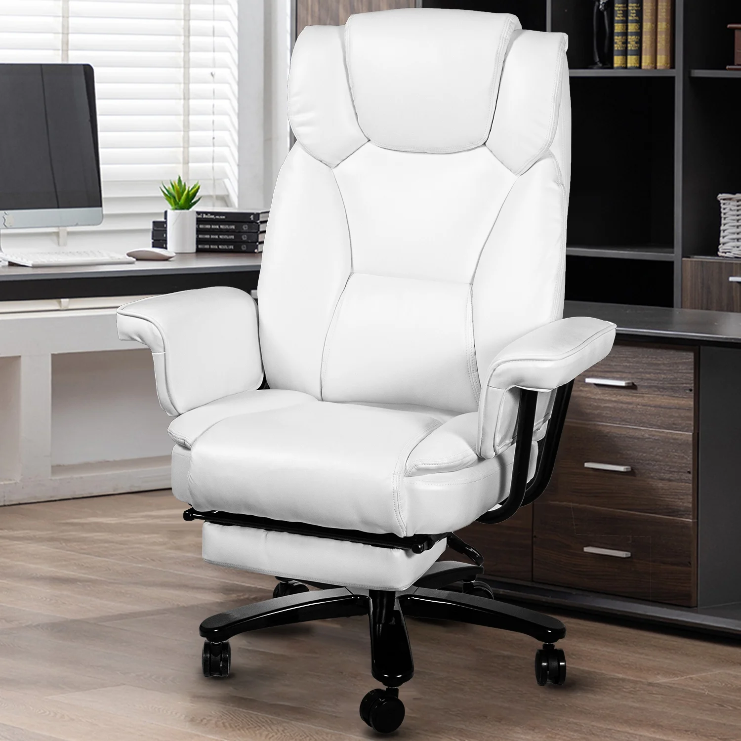 SeekFancy High Back Executive Office Chair, Ergonomic PU Leather Office Chair Heavy Duty Computer Desk Chair Reclining Office Chair with Footrest, White
