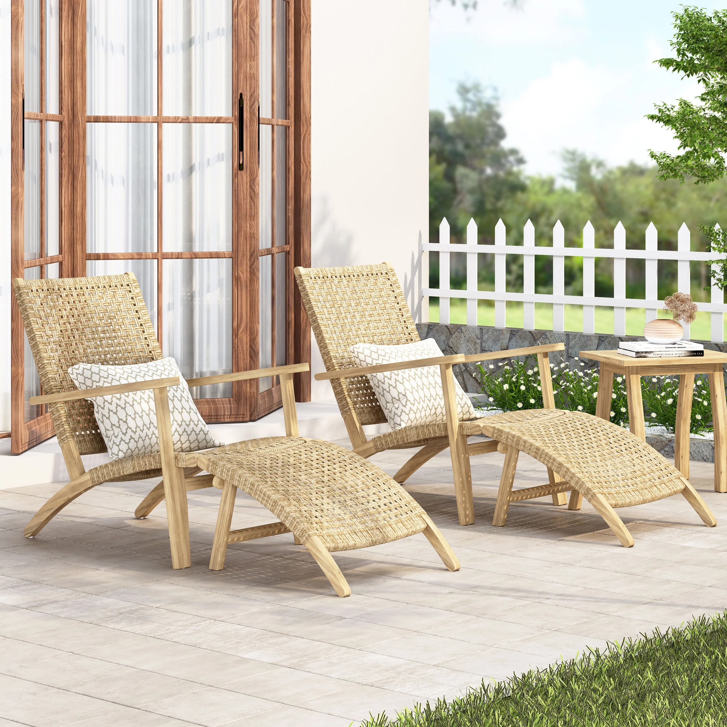 Noble House with Ottoman Acacia Wood Outdoor Lounge Chair - Set of 2 - Light Brown