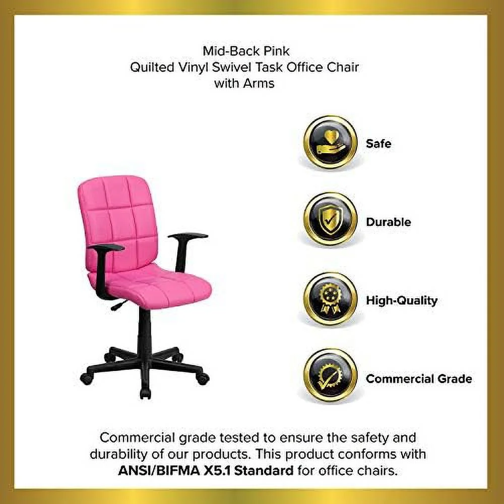 TJUNBOLIFE Mid-Back Pink Quilted Vinyl Swivel Task Office Chair with Arms