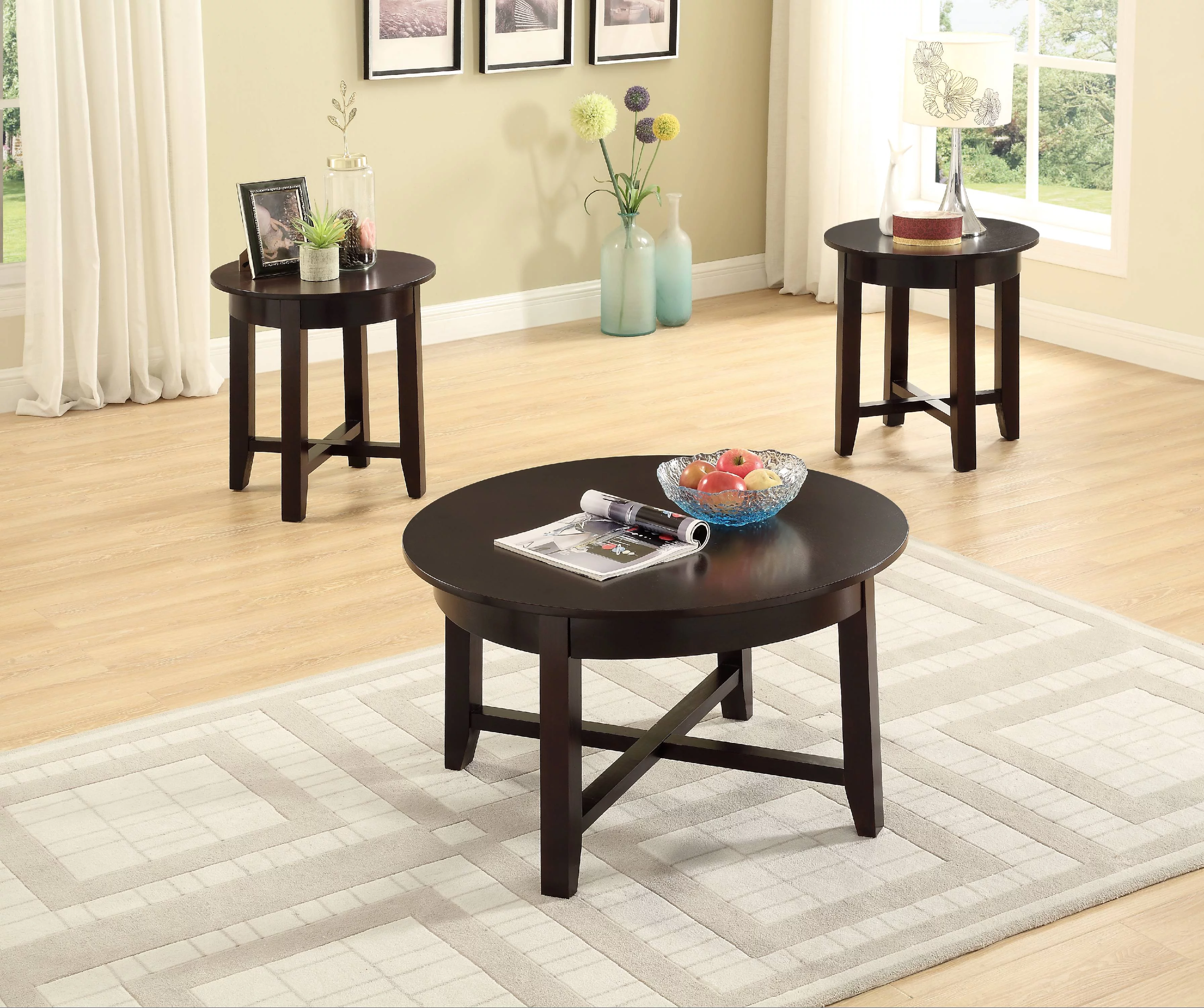 GTU Furntiure 3Pc Round Dark Brown Cocktail Living Room Coffee & End Table Set