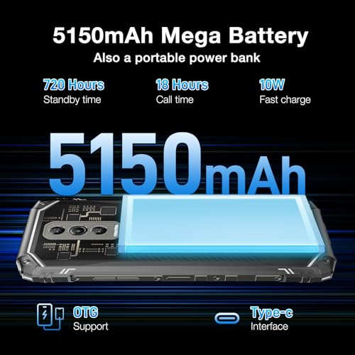 DOOGEE Blade 10 Ultra Rugged Phone Unlocked,20GB RAM+256GB ROM Android 14 System Rugged Smartphone,6.56''90Hz Display,50MP Camera,5150mAh Battery,IP68/IP69K Waterproof Phones, Face ID/NFC/GPS/OTG