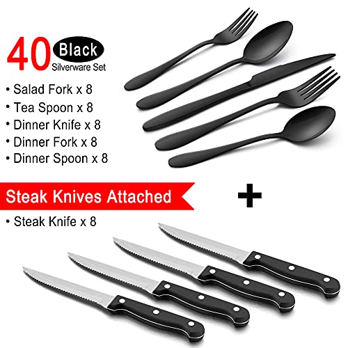LIANYU 48-Piece Black Silverware Set with Steak Knives, Stainless Steel Flatware Cutlery Set for 8, Tableware Eating Utensils, Mirror Finished, Dishwasher Safe