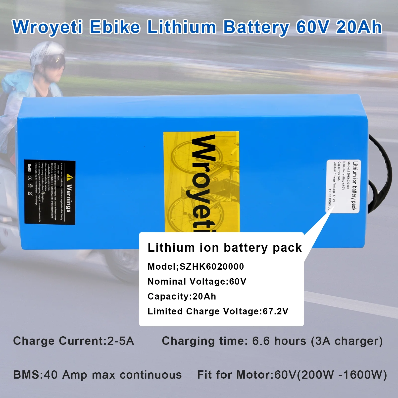 Electric Battery 60V 20Ah Electric Bike Lithium Ion Battery 60V Battery with 3A Charger, T-Plug Extension Cord, XT60 Connector for 200-1800W Electric Bicycles Motor
