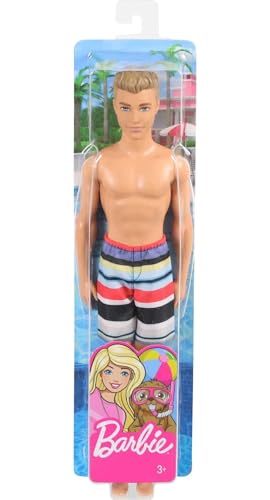 Barbie Ken Fashion Doll, Beach-Themed Wearing Striped Swimsuit