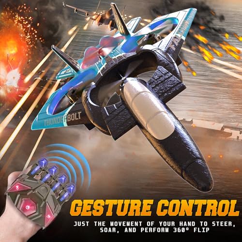 BEZGAR RC Airplane, 2.4GHZ 6-axis Gyro Remote Control Airplane, Gesture Control RC Helicopter, 360° Flip Fighter Jet Toy, Toys for Ages 8-13 with Colorful LED Navigation Lights Blue