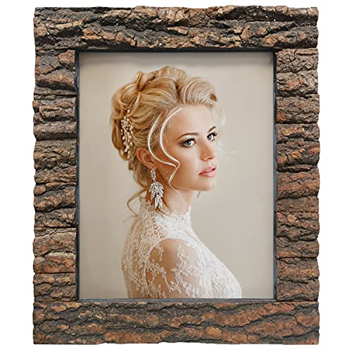 8x10 Rustic Wood Picture Frame with Real Bark，Solid Wood High Definition Glass,Tabletop or Wall Mounting for Farmhouse Decor.