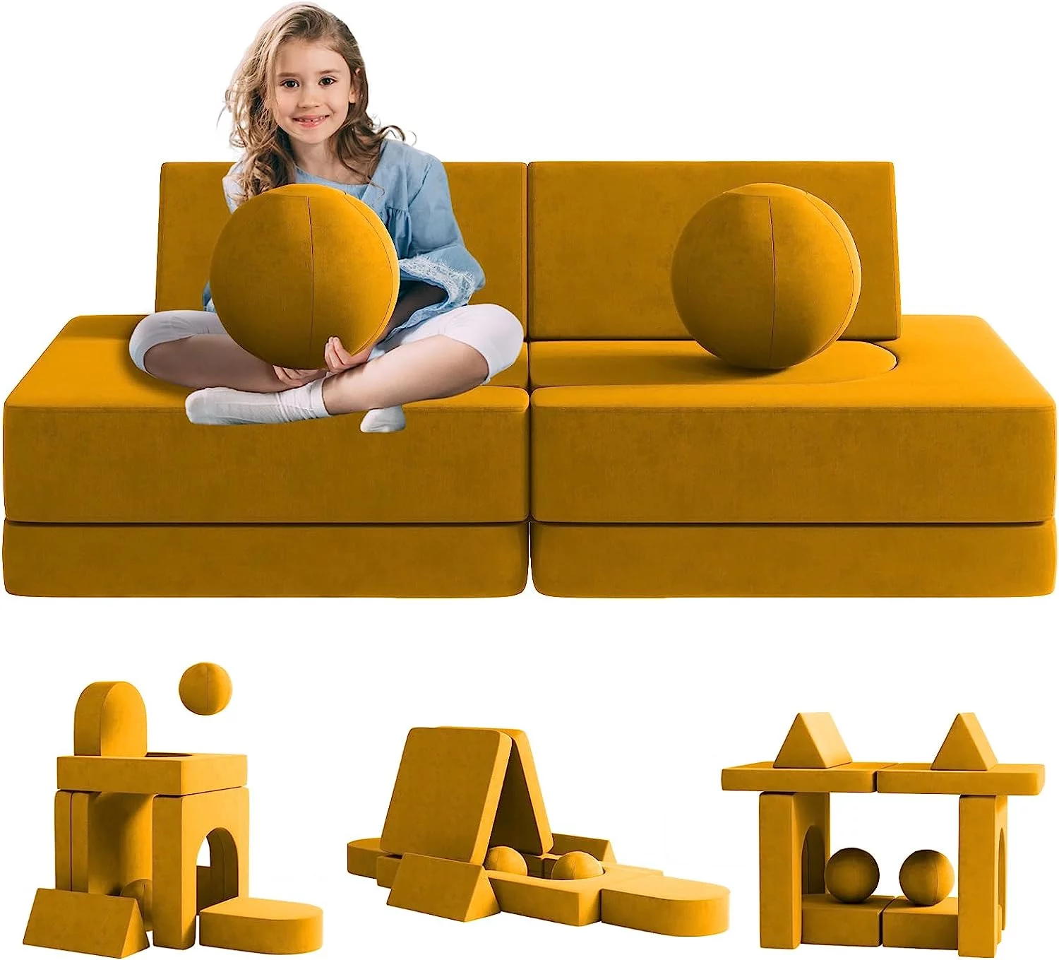 10Pcs Kids Sofa for Bedroom Playroom, Wanan Modular Toddler Couch Fold Out Couch Play Sofa for Boys Girls, Kids Sofa Couch Convertible Sofa Kids Foam Couch, Yellow