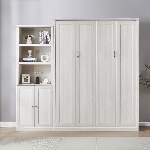 Murphy Bed,Cabinet Bed Folding Wall Bed,Queen Size Murphy Wall Bed with 1 Side Cabinet Storage Shelf,Cabinet Space-Saving Bed Perfect for Guest Room,Bed Room,Guest Room,Home Office (Rustic White-03)