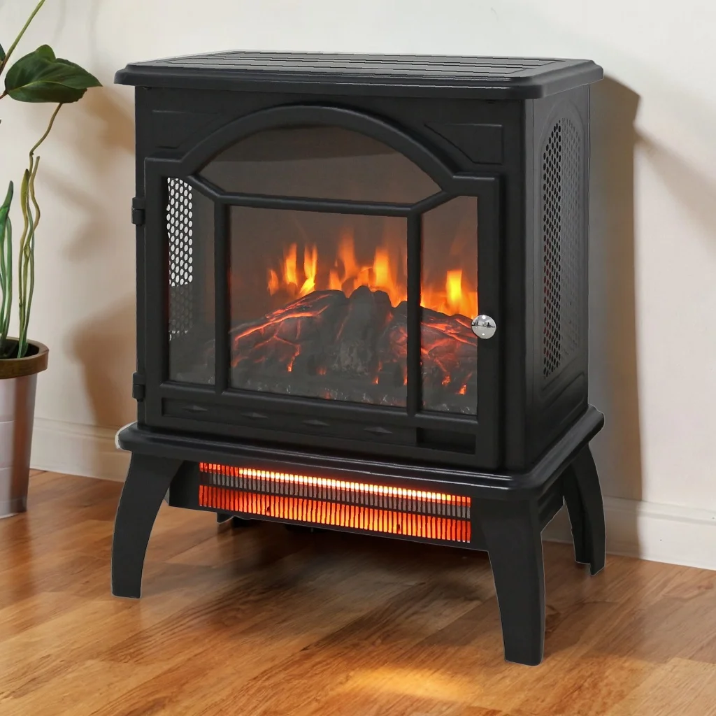 Efficient and Safe 3D Infrared Electric Stove 1500W Heater, 11 Temp Settings, Timer, and Realistic Flame Effect
