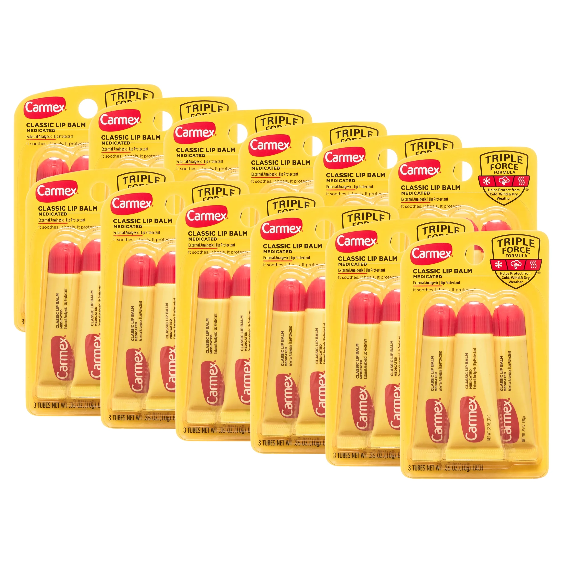 Carmex Medicated Classic Lip Balm Tubes, .35 oz Each, 12 Packs of 3 (36 Tubes Total)