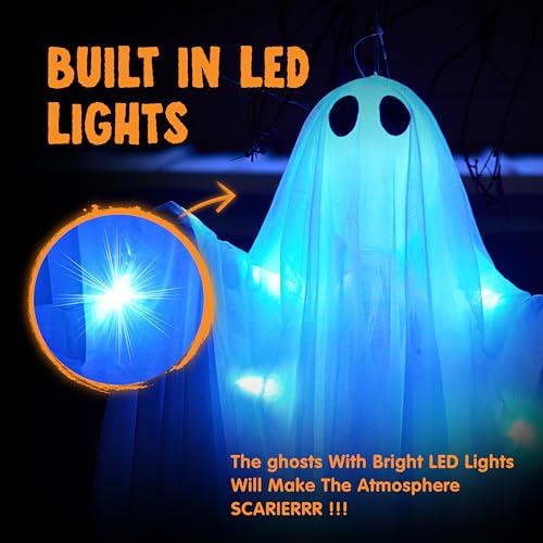 JOYIN 2 Pcs 47” Halloween Light up Hanging Ghost Decoration Outdoor, Halloween Flying Hanging Ghosts with Warm LED Light for Haunted House Prop, Front Yard Patio Party Decor Indoor Outdoor