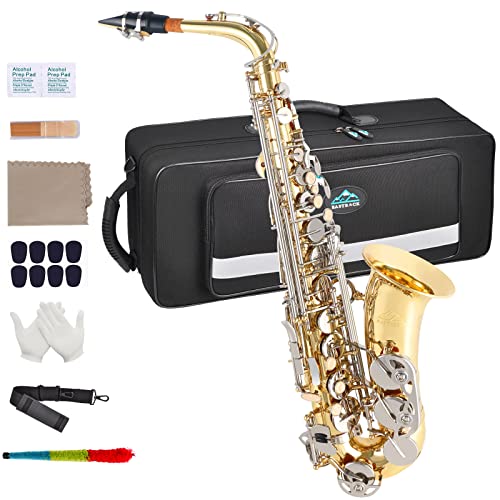 EASTROCK Black Nickel/Golden Alto Saxophone E Flat Sax Full Kit for Students Beginner with Carrying Case,Mouthpiece,Mouthpiece Cushion Pads,Cleaning Cloth&Cleaning Rod,White Gloves,Neck Strap
