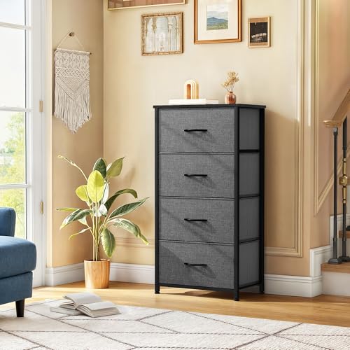 DWVO Storage Tower with 4 Drawers - Fabric Dresser, Organizer Unit for Bedroom, Living Room, Closets - Sturdy Steel Frame, Easy Pull Fabric Bins & Wooden Top