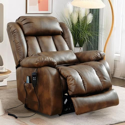EDILLY Large Genuine Leather Power Lift Recliner Chairs for Elderly, Dual Motor with Massage and Heating,Double Lumbar Cushion and Extended Footrest,USB&Type-C Port and Remote(Brown)