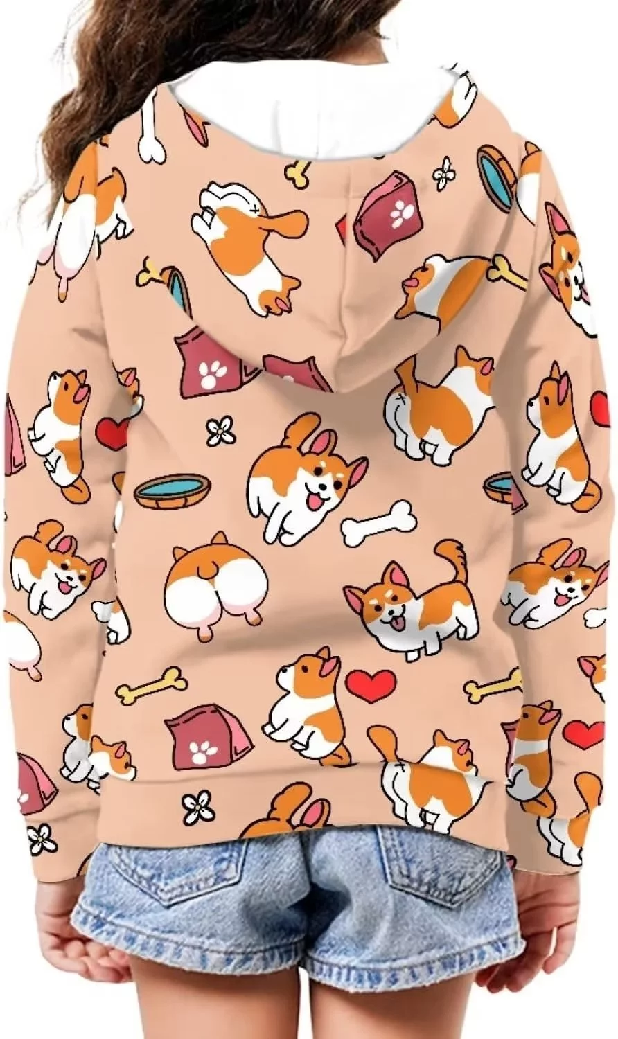 Suhoaziia Pink Zip Up Hoodies for Youth Size 11-13 Years Cartoon Corgi Bones Sweatshirt Sports Jumper Autumn Trendy Go Out Jackets with Pocket