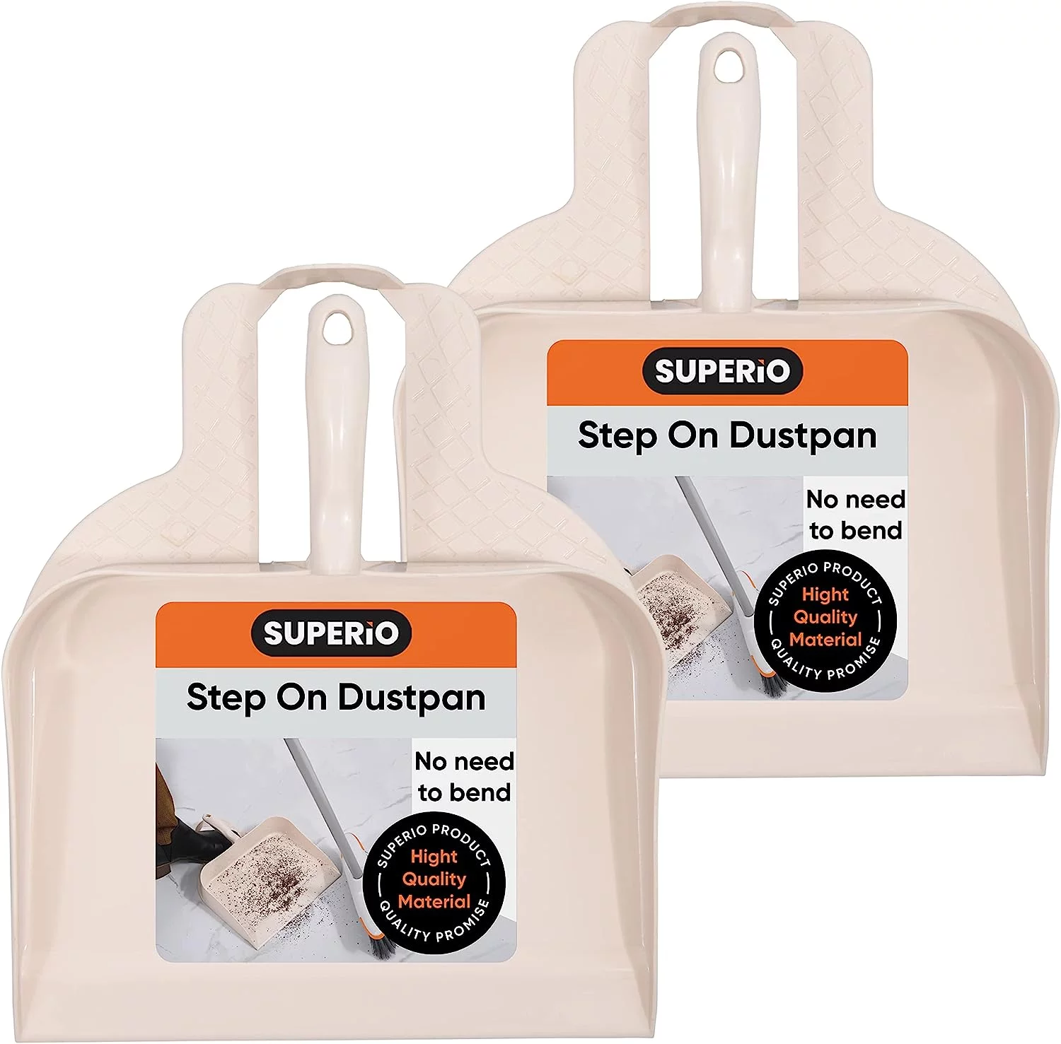 Clip-On Dustpan with Rubber Lip - 10-inch Wide Durable Plastic Dust Pan with Comfort Grip Handle, Beige (3 Pack)