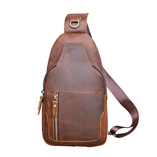 Le'aokuu Men Fashion Casual Tea Designer Travel Hiking Crossbody Chest Sling Bag Rig One Shoulder Strap Bag Men Leather 8015