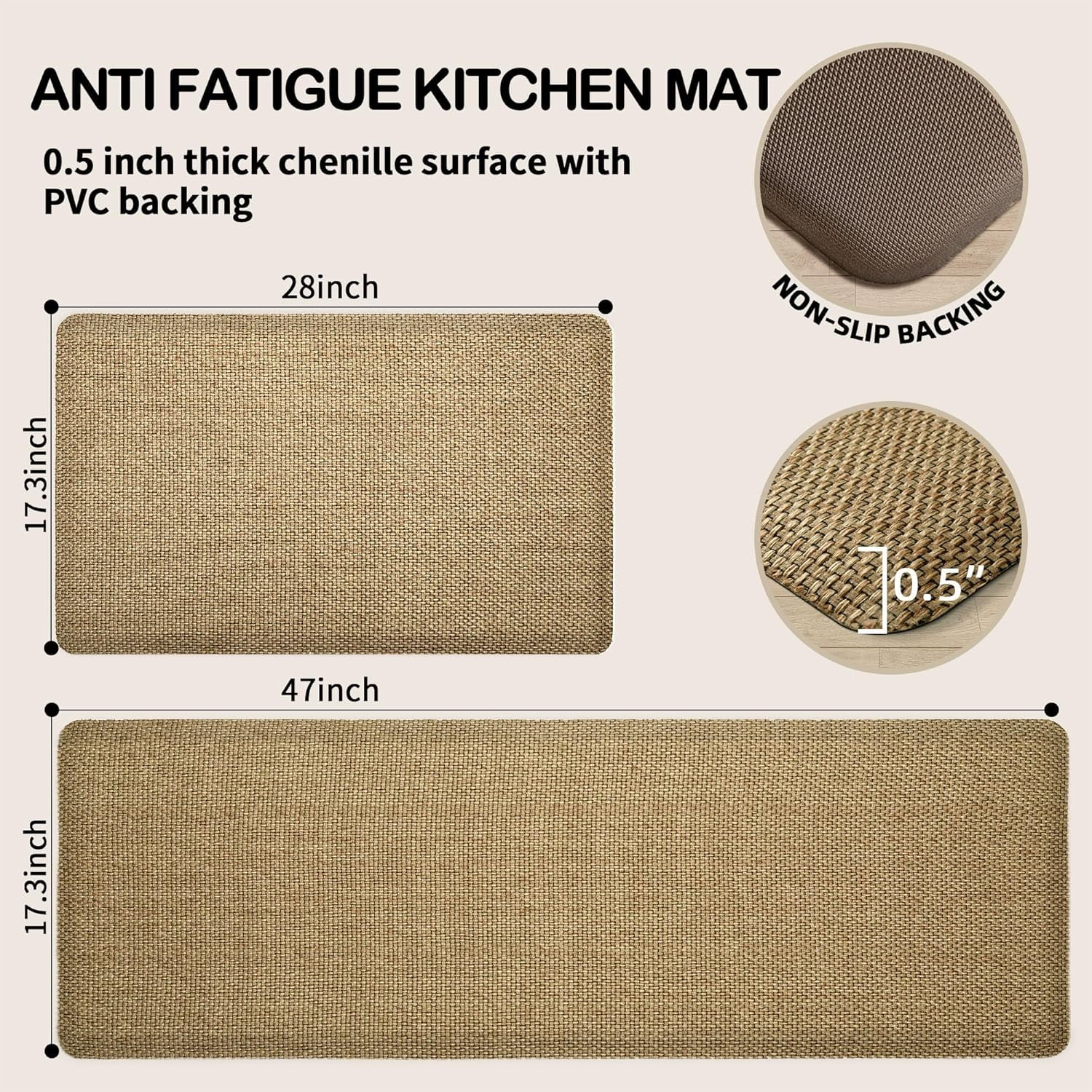 Kitchen Mats 2PCS Cushioned Anti-Fatigue Kitchen Mats for Floor Non Slip Kitchen Rugs Absorbent Memory Foam Comfort Standing Mat for Front of Sink, Office, Laundry(Beige, 17.3"x28"+17.3"x47")