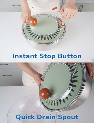 Stainless Steel Salad Spinner, Lettuce Spinner with Drain, Non-Slip Base & Stop Button, Large Vegetable Dryer, BPA Free, 5.3 Qt