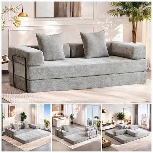 Convertible Floor Sofa Bed, Foldable Mattress Cloud Couch with Pillow Back & Armrest, Chenille Sleeper Sofa Bed with Fixed-Shape Frame, Compressed Couch for Living Room Bedroom, Dark Gray