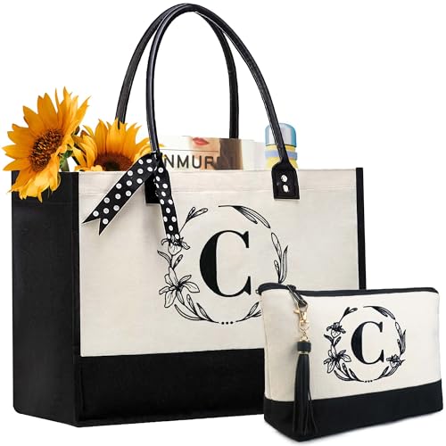 BeeGreen Mother's Day Gifts Personalized Women's Large White and Black Canvas Tote Bag, Embroidered Initials, Leather Handle, Zipper Closure