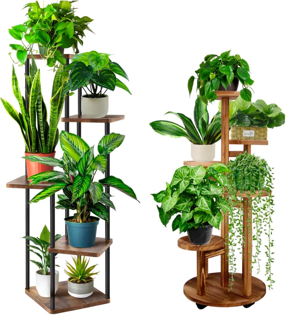GEEBOBO Plant Stand Indoor, 4 Tier & 5 Tier Plant Stands For Indoor Plants Multiple, Flower Shelf Plants Holder Display Rack Shelving, Brown