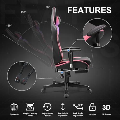 GTRACING Gaming Chair with Footrest, Ergonomic Computer Game Desk Chair, Recline Gaming Chair Seat Height Adjustment, Swivel Rocker with Headrest and Lumbar (Blue)