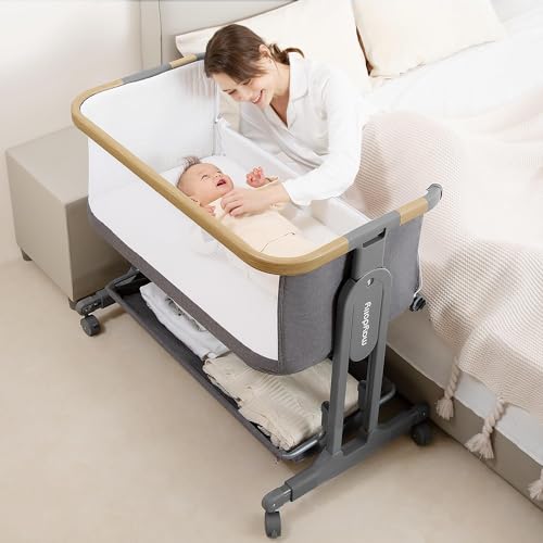 Maydolly Baby Bassinet, 3-in-1 Rocking Bassinet Bedside Sleeper with Wheels, Mattress, Sheet, 7 Height Adjustable, Folding Easy Portable Bassinet for Infant