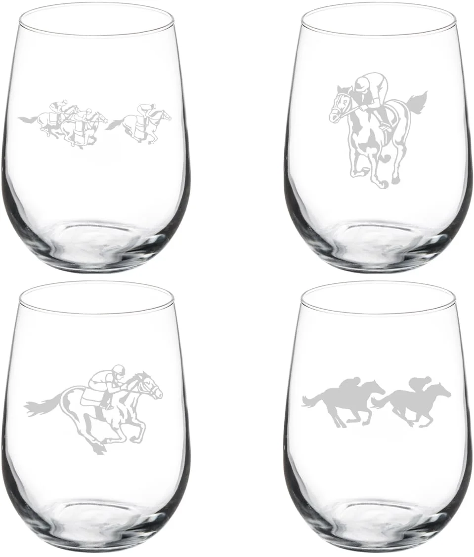 Set of 4 Wine Glass Gift Horse Racing Collection (17 oz Stemless)