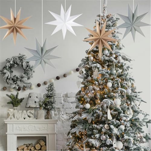 5Pcs Beige Brown Paper Star 12 Inch 9-Pointed Hanging Star Lanterns for Christmas Wedding Birthday Home Winter Party Decortion
