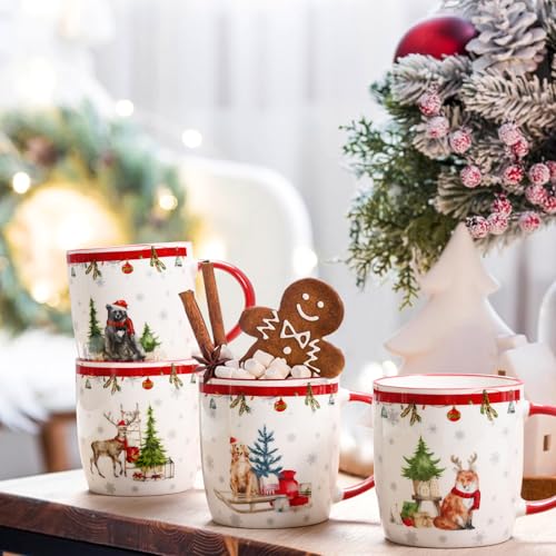 Homlouue Christmas Mugs Set of 4, Xmas Coffee Mugs, Holiday Mug, Merry Christmas Mug, Holiday Decorations Ornaments, Xmas Gifts for Friends Family Coworker, 11 Oz
