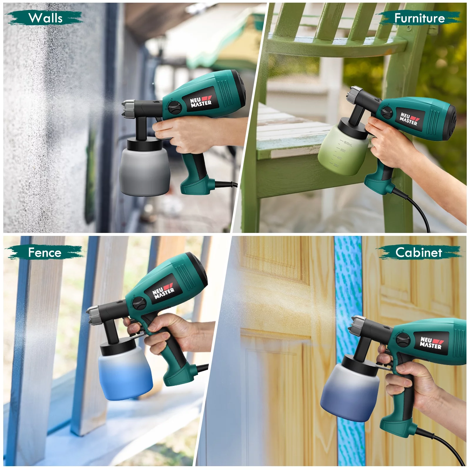 Paint Sprayer NEU MASTER N3020 Electric HVLP Spray Gun with 3 Spray Patterns, Flow Control, Easy to Disassemble for Clean up (Green)