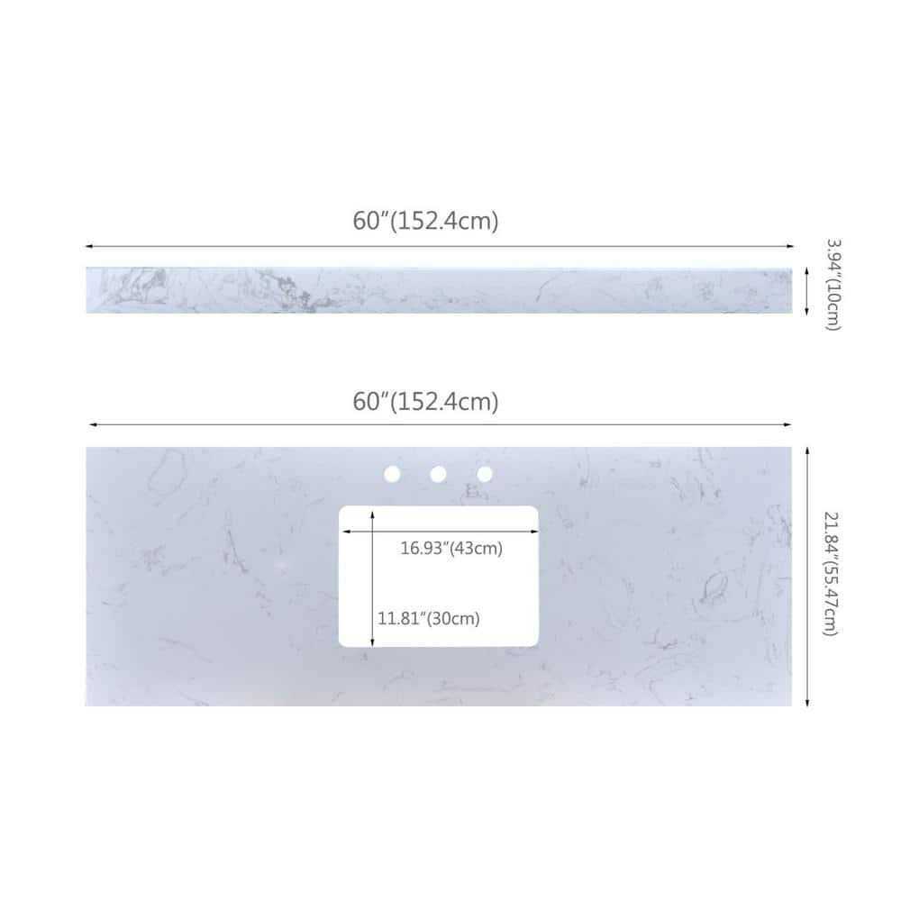 YASINU 60 in. W x 22 in. D Engineered stone composite Vanity Top in White with White Rectangular Single Sink