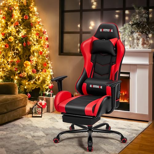 ECOTOUGE PC Massage Gaming Chair with Footrest Ergonomic Office Desk Chair Racing PU Leather Recliner Swivel Rocker with Headrest and Lumbar Pillow, Blue