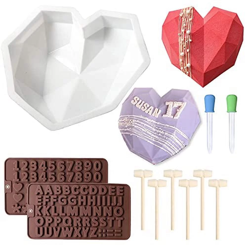 Qefuna Chocolate Mold Set,Chocolate Heart Molds,Breakable Heart Mold with Hammer,Number and Letter Molds for Cake Decoration Candy Making-Suitable for Various Festivals
