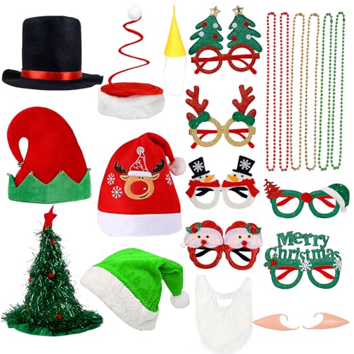 21 Pcs Funny Christmas Party Photo Booth Props Kit - Includes 6 Christmas Hats, 6 Xmas Glasses, 6 Festive Necklaces, White Beard for Costume Party, Holiday Party Decor & Photo Booth Supplies