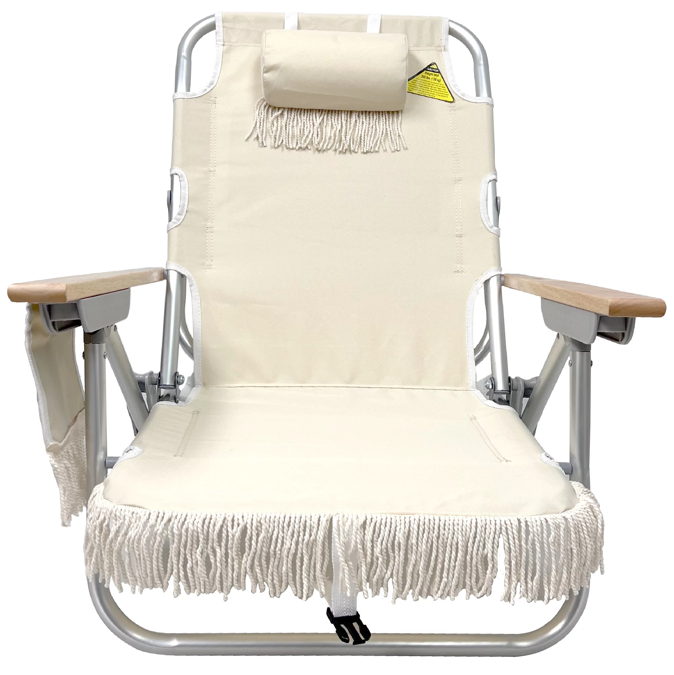Tassel Backpack Beach Chair - 5 Positions and Cup Holder Pouch on Side - Padded Pillow - Storage Bag on Back – Lightweight Rustproof Aluminum – Black Frame, 1 Pack TAN