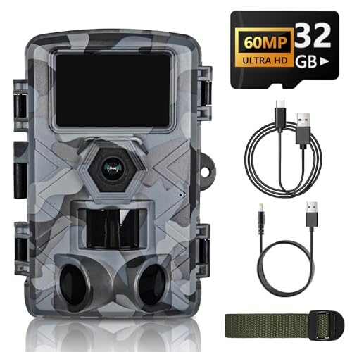 Trail Camera, 60MP Hunting Camera with WiFi, 32GB TF Card, Night Vision, Motion Activated, IP66 Waterproof, 120°Wide-Angle for Deer Scouting or Home Security, APP Control, H.264 MP4 Video