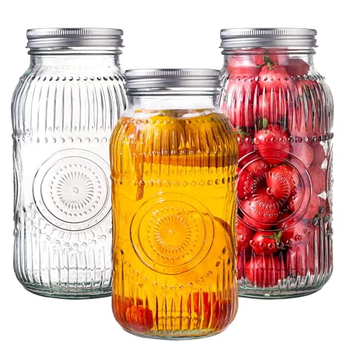 Amzcku 64oz vintage Mason Jars with Lids, Wide Mouth 2 Quart Canning Jar Half Gallon, Safe For Storage, Canning, Pickling, Preserving, Fermenting, DIY Crafts & Decor 3 Pack