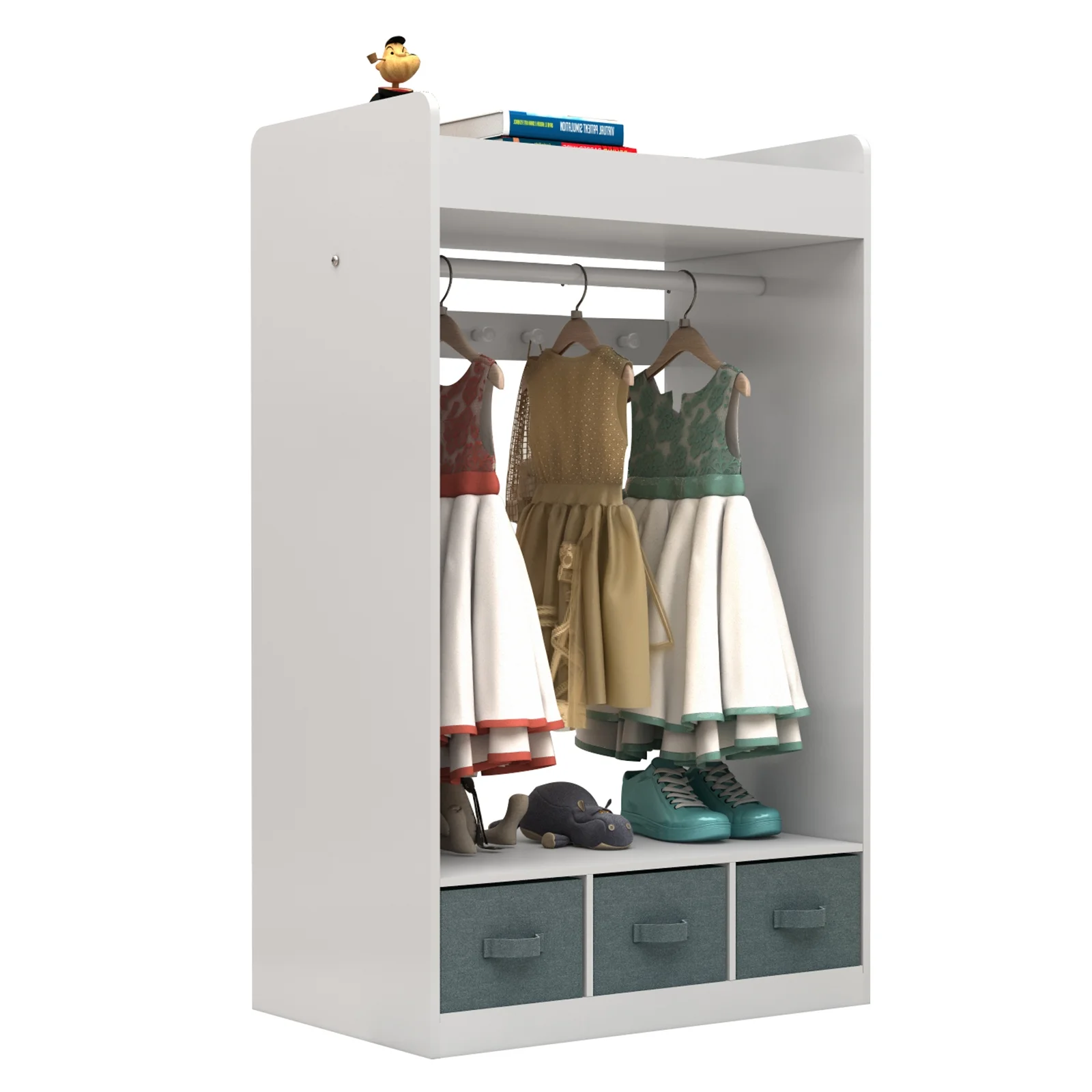 Kids Wardrobe Dress Up Storage with Mirror & 3 Drawers, Girls Armoire Closet Storage Organizer for Bedroom Nursery