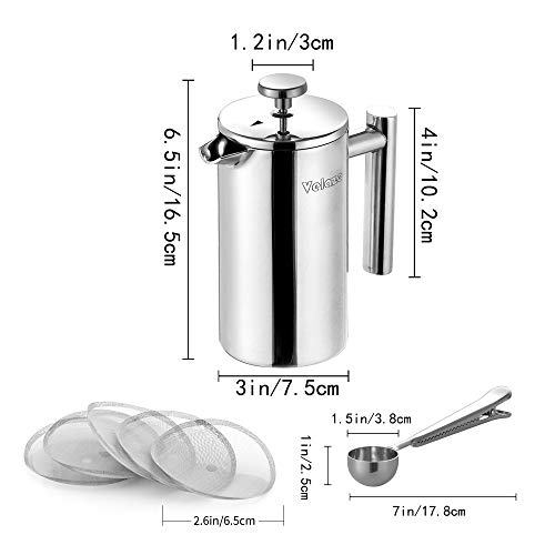 Velaze French Press Coffee Maker 34oz, Double Wall Insulated French Coffee Press Stainless Steel, 1L Coffee Maker Included 4 Extra Fliters and 1 Coffee Spoon, Silver