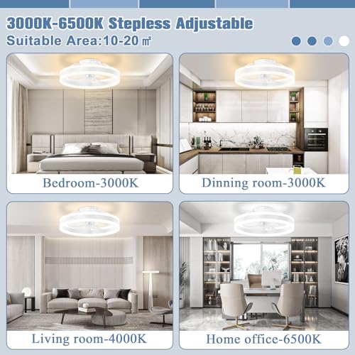 VOLISUN Fandelier Ceiling Fans with Lights and Remote, 15.7in Low Profile Ceiling Fan Flush Mount, 3000K-6500K Dimmable Bladeless LED Fan Light, White Modern Ceiling Fans with Lights for Bedroom