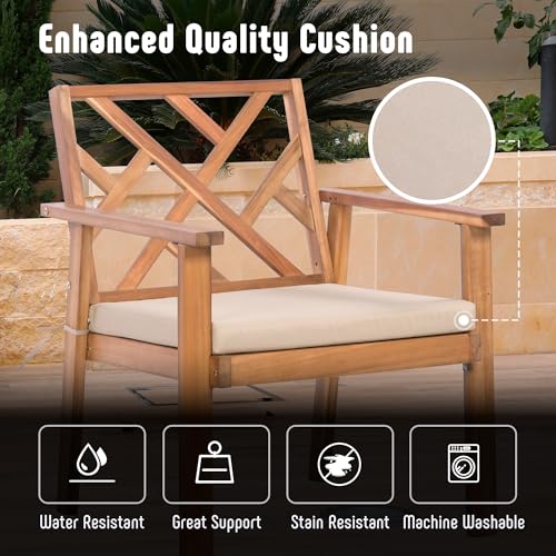 3 Piece Outdoor Patio Furniture Set, Wooden Conversation Patio Set with Padded Cushion Chairs and Coffee Table, Acacia Wood Lounge Conversation Set for Porch Balcony Deck Backyard