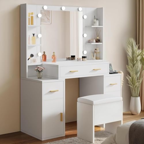 YITAHOME Vanity Desk with Mirror, Makeup Vanity Set with LED Lights and Power Outlet, Dressing Table with Drawers, Shelves, Cabinet, Storage Bench, 3 Color Modes Available, Snow White