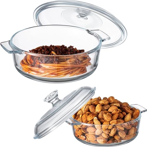 2 Pieces Glass Casserole Dish with Lid Baking Casserole Dish Covered Cookware Microwave Bowls with Handle for Kitchen Restaurant Home Party Cooking, Oven Safe (Square, 0.8L/ 1.5L)